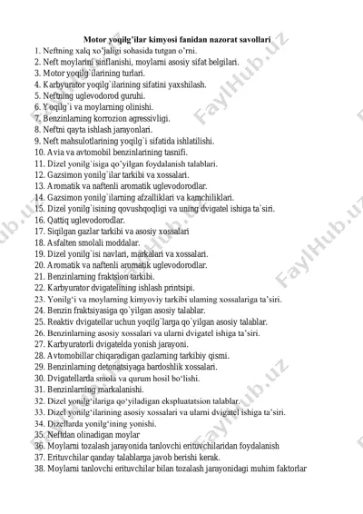 motor yoqilg’ilar kimyosi fanidan nazorat savollari — PDF