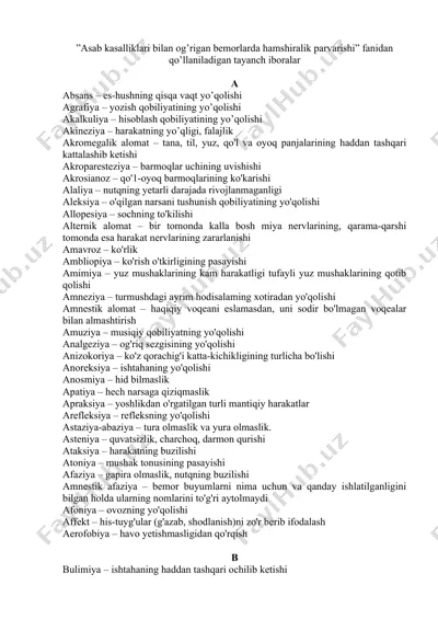 asab kasalliklari bilan og’rigan bemorlarda hamshiralik parvarishi — DOC