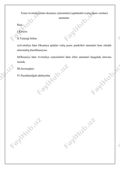 avstraliya hám okeaniya qalalari xaliq jasaw punkitleri atamalari — DOCX