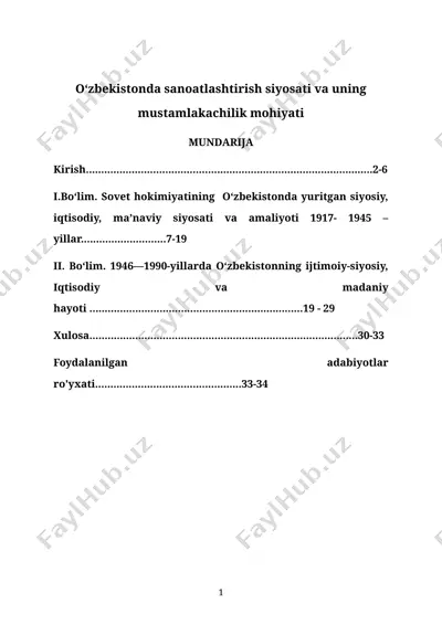 o‘zbekistonda sanoatlashtirish siyosati va uning mustamlakachilik mohiyati — DOCX