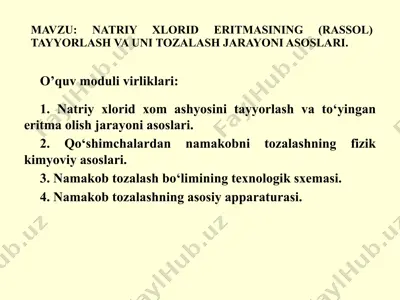 natriy xlorid eritmasining (rassol) tayyorlash va uni tozalash jarayoni — PPTX
