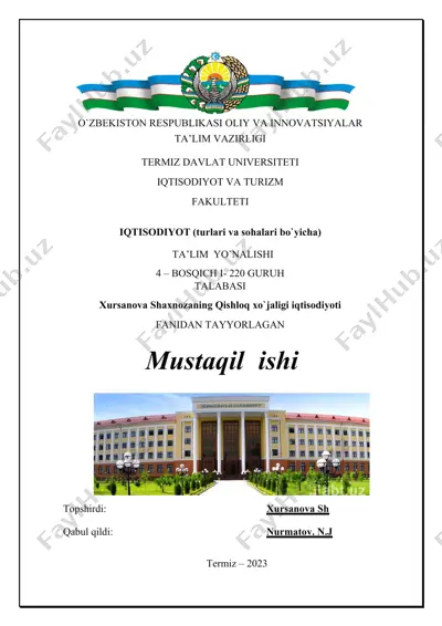 xursanova shaxnozaning qishloq xo‘jaligi iqtisodiyoti — DOCX