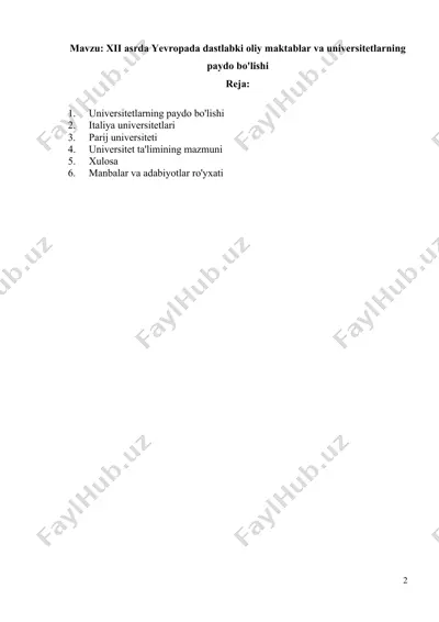 xii asrda yevropada dastlabki universitetlar va maktablar — DOCX