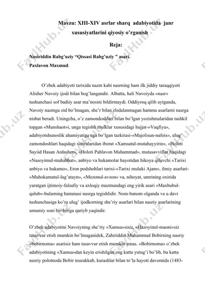 xiii-xiv asrlar sharq adabiyotida janr xususiyatlarini qiyosiy o’rganish — DOCX