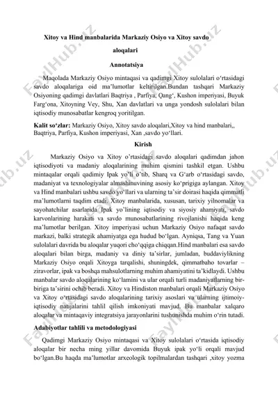 xitoy va hind manbalarida markaziy osiyo va xitoy savdo aloqalari — DOCX