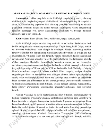 arab xalifaligi tangalari va ularning savdodagi o‘rni — DOCX