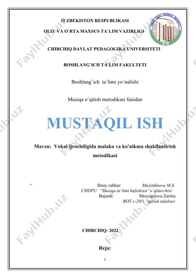 vokal ijrochiligida malaka va ko'nikma shakllantirish metodikasi — DOCX