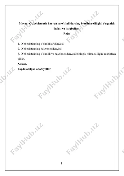 o'zbekistonda hayvon va o'simliklarning bioxilma-xilligini o'rganish holati va istiqbollari — DOCX