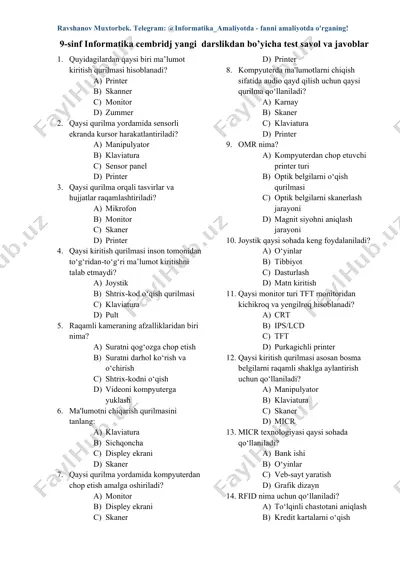 9-sinf informatika cembridj yangi darslikdan bo’yicha test savol va javoblar — DOCX