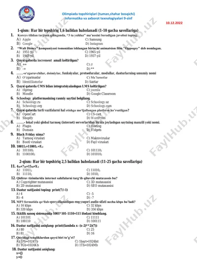 olimpiada topshiriqlari (tuman, shahar bosqichi) informatika va axborot texnologiyalari 9-sinf — PDF