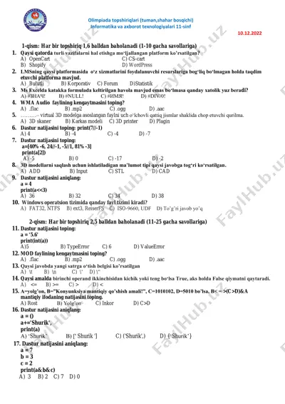 olimpiada topshiriqlari (tuman, shahar bosqichi) informatika va axborot texnologiyalari 11-sinf — PDF