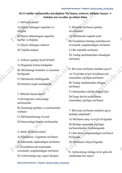 ma'lumot, axborot, bilimlar bazasi 1-bobdan test savollar javoblari bilan — DOCX