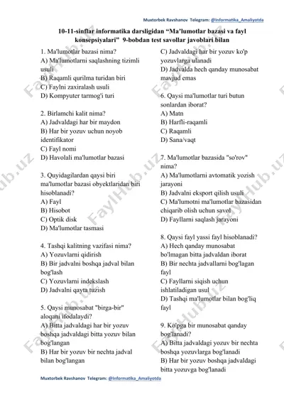 10-11-sinflar informatika darsligidan “maʼlumotlar bazasi va fayl konsepsiyalari” 9-bobdan test savollar javoblari bilan — DOCX