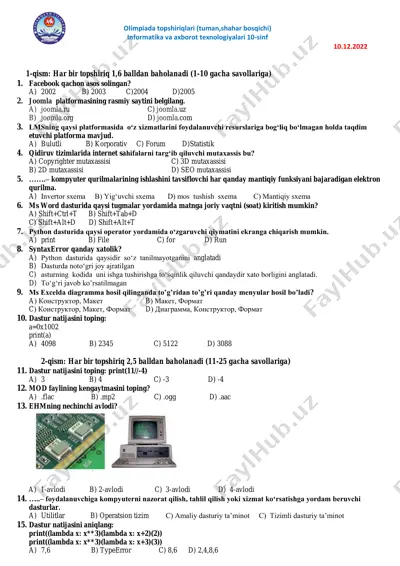 olimpiada topshiriqlari (tuman, shahar bosqichi) informatika va axborot texnologiyalari 10-sinf — PDF