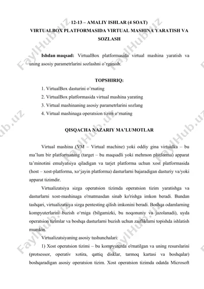 virtualbox platformasida virtual mashina yaratish va sozlash — DOCX