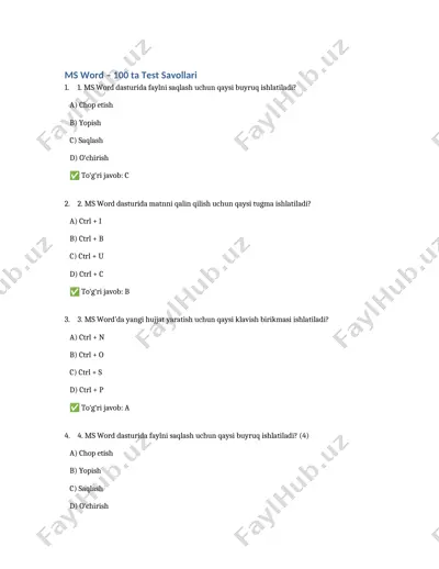 ms word – 100 ta test savollari — DOCX
