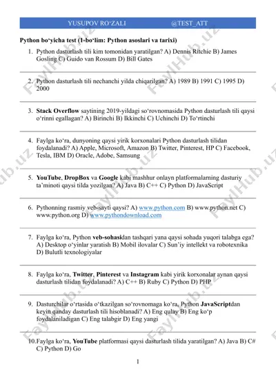 python bo‘yicha test (1-bo‘lim: python asoslari va tarixi) — PDF