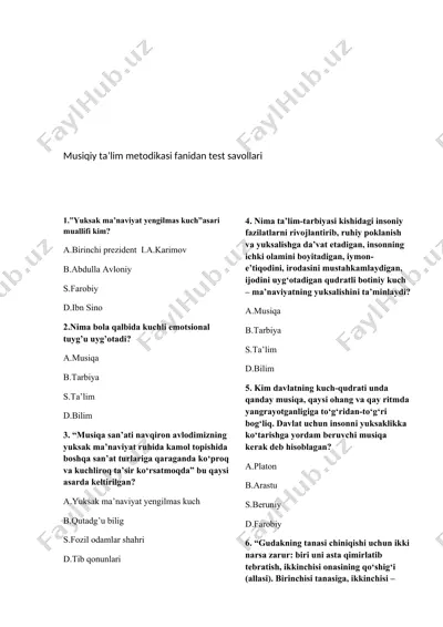 musiqiy ta’lim metodikasi fanidan test savollari — DOCX