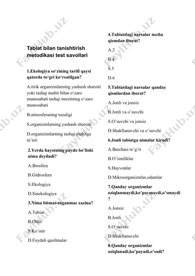tabiat bilan tanishtirish metodikasi test savollari — DOCX