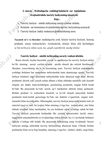 maktabgacha yoshdagi bolalarni xar tomonlama rivojlantirishda tasviriy faoliyatning ahamiyati — PDF