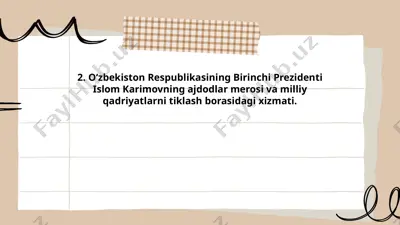 islom karimovning ajdodlar merosi va milliy qadriyatlarni tiklash borasidagi xizmati — PPTX