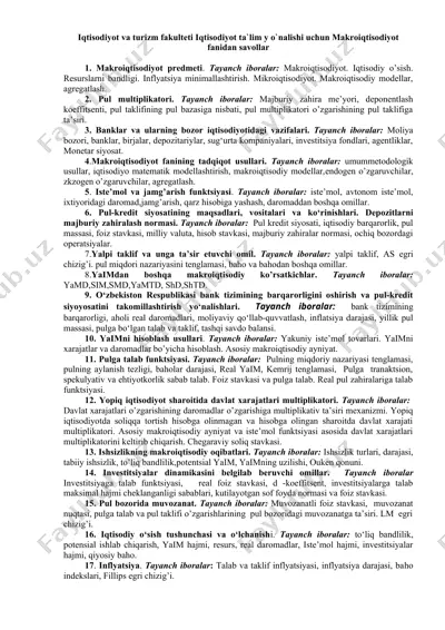 iqtisodiyot va turizm fakulteti iqtisodiyot ta`lim y o`nalishi uchun makroiqtisodiyot fanidan savollar — DOC