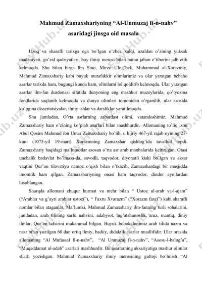 mahmud zamaxshariyning “al-unmuzaj fi-n-nahv” asaridagi jinsga oid masala — DOC