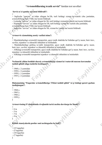 avtomobillarning texnik servisi test savollari — DOC