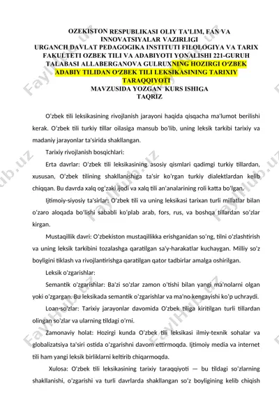 oʻzbek tili leksikasining tarixiy rivojlanishi — DOC