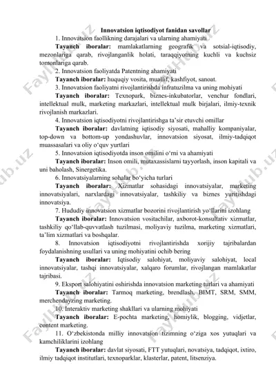 innovatsion iqtisodiyot fanidan savollar — DOC
