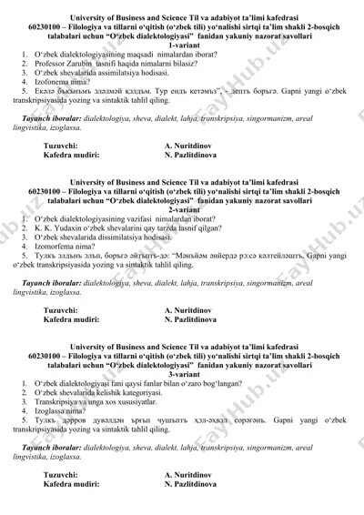 o‘zbek dialektologiyasi yakuniy nazorat savollari — DOC