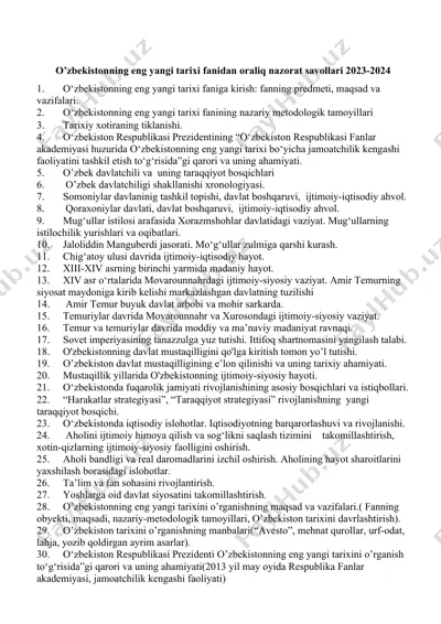 o’zbekistonning eng yangi tarixi fanidan oraliq nazorat savollari 2023-2024 — DOC