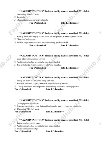 "nazariy poetika" fanidan oraliq nazorat savollari. №1 –bilet — DOC