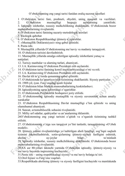 o’zbekistonning eng yangi tarixi fanidan oraliq nazorat savollari — DOC