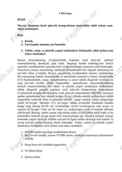 qoplama xosil qiluvchi kompozitsion materiallar uchun xom-ashyo manbalari to'plami — DOC