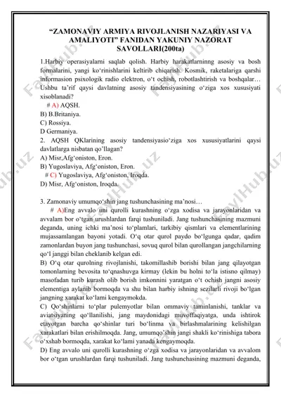 zamonaviy armiya rivojlanish nazariyasi va amaliyoti fanidan yakuniy nazorat savollari(200ta) — DOC