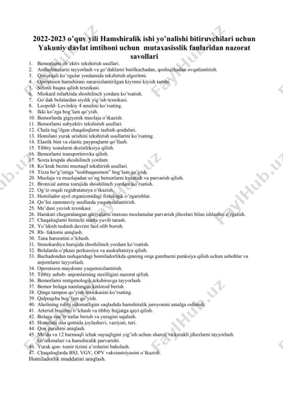 hamshiralik imtihoni uchun mutaxassislik fanlari nazorat savollari — DOC