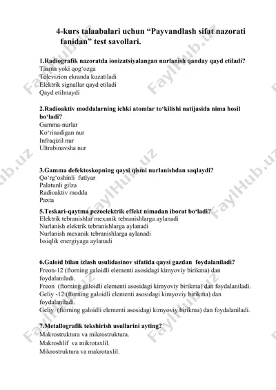 "payvandlash sifat nazorati fanidan test savollari" — DOC
