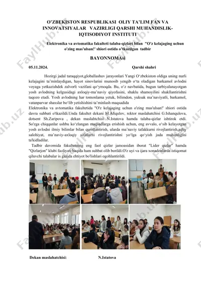 "o'z kelajanging uchun o'zing mas'ulsan!" shiori ostida tadbir bayonnomasi — DOCX