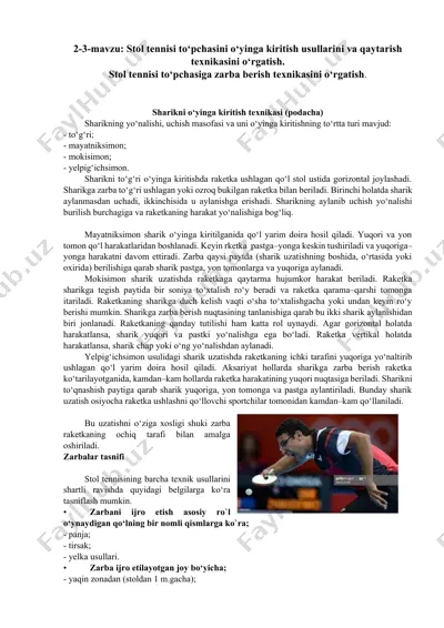 stol tennisi to‘pchasini o‘yinga kiritish va qaytarish usullari — DOCX