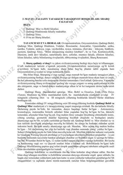 falsafiy tafakkur tarraqiyot bosqichlari: sharq falsafasi — DOCX