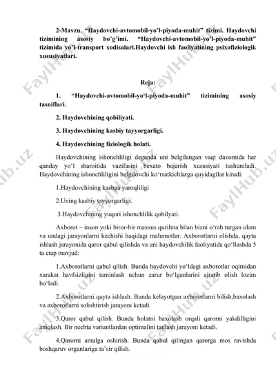 haydovchi-tizimining psixofiziologik xususiyatlari — DOCX