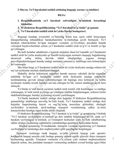 yo’l harakatini tashkil etishning huquqiy norma va talablari — DOCX
