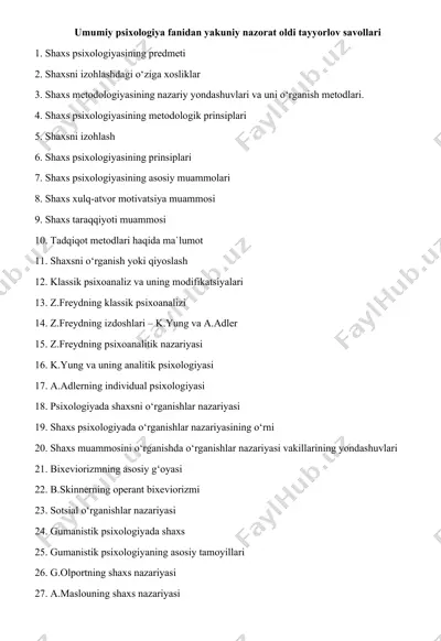 umumiy psixologiya fanidan yakuniy nazorat oldi tayyorlov savollari — DOCX
