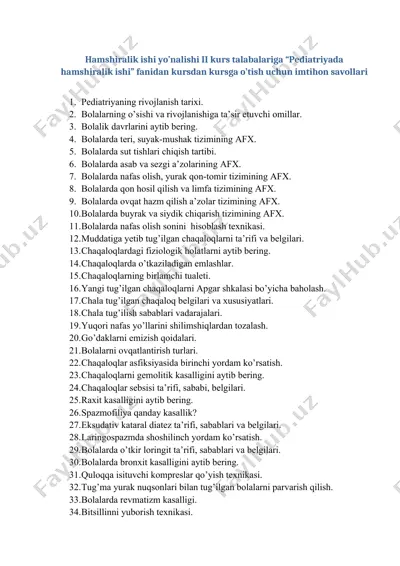 "pediatriyada hamshiralik ishi imtihon savollari" — DOCX