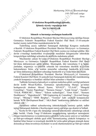 o‘zbekiston respublikasi va germaniya federativ respublikasi hamkorlik tadbirlari — DOCX