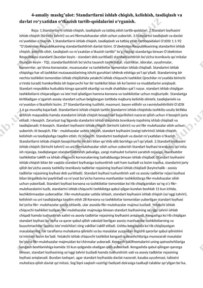 standartlarni ishlab chiqish, tasdiqlash va davlat ro‘yhatidan o‘tkazish — DOCX