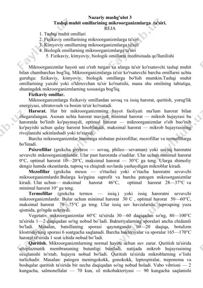 mikroorganizmlarga ta'sir ko'rsatuvchi tashqi muhit omillari — DOCX