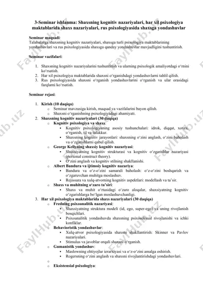 seminar ishlanma: shaxsning kognitiv nazariyalari, har xil psixologiya maktablarida shaxs nazariyalari, rus psixologiyasida shaxsga yondashuvlar — DOCX