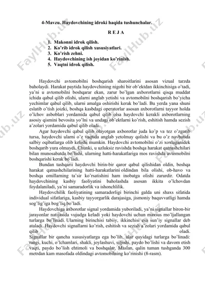 haydovchining idroki haqida tushunchalar — DOCX